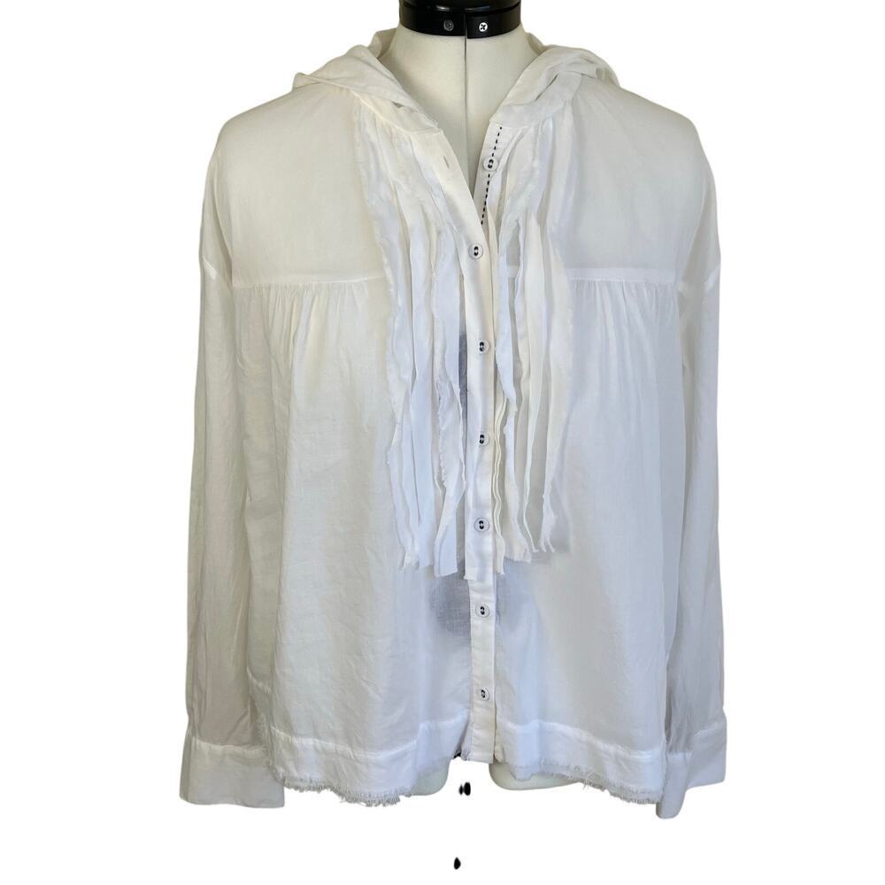 FREE PEOPLE Sz M White Breezy Button Down Shirt Hooded Blouse Raw Trims Cotton - Picture 7 of 16